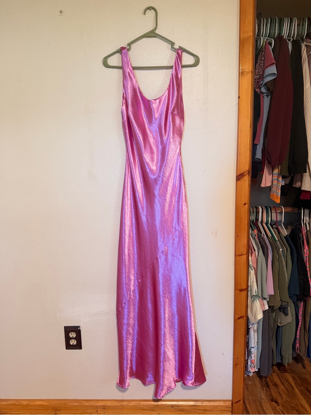 Iridescent Pink Satin Maxi Slip Dress